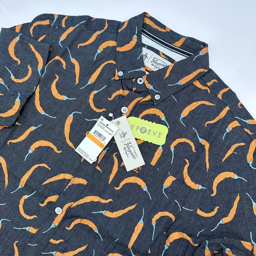 Original Penguin Men's WVN Short Sleeve Peppers Button Down Shirt, Size S, Blue